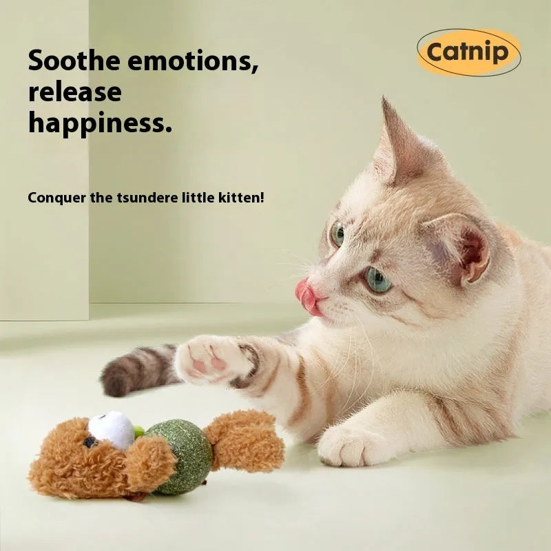 Brown bear plush cat toy with catnip ball and bell for kittens and cats