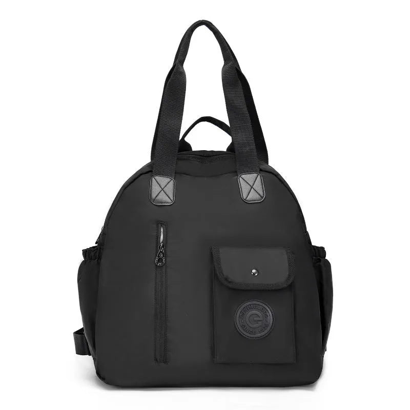 Lightweight nylon women's backpack with sandwich pockets in black, khaki or green letter print