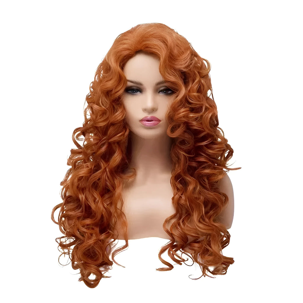 Long brown curly wavy synthetic wig for Halloween cosplay or fashion wear.