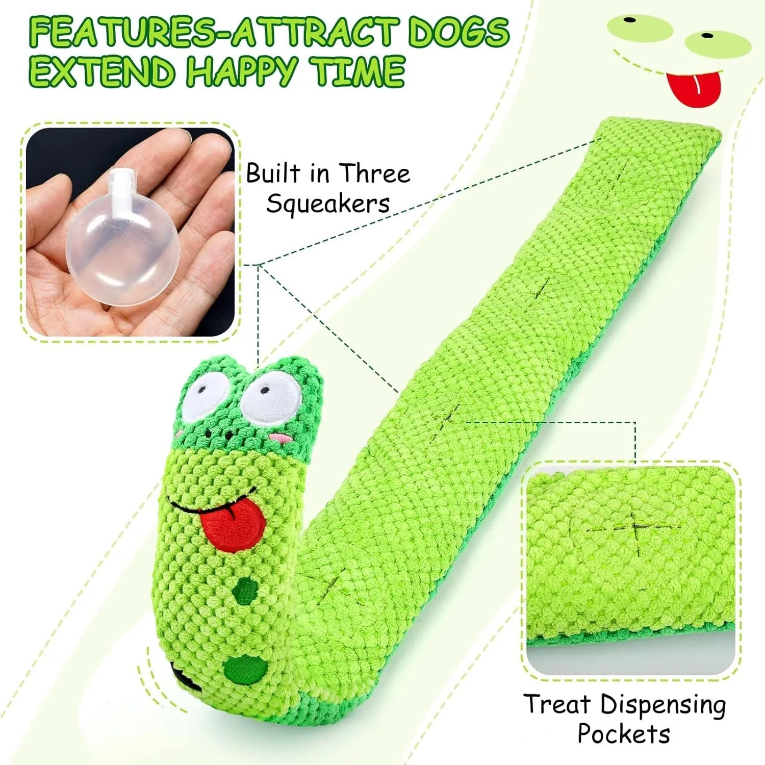 Squeak dog puzzle toy in frog snail or snake design with foraging holes and transformable shape