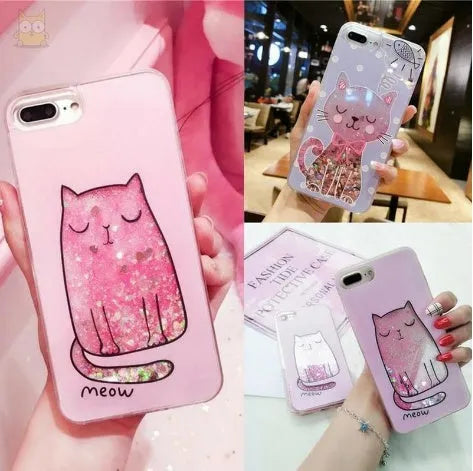Set of four colourful cat-themed phone cases for iPhone with glitter details