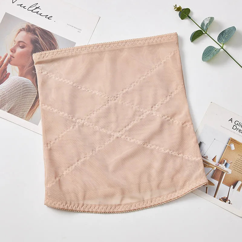 Black mesh postpartum belly band with cross waistband design for waist trimming and tummy slimming
