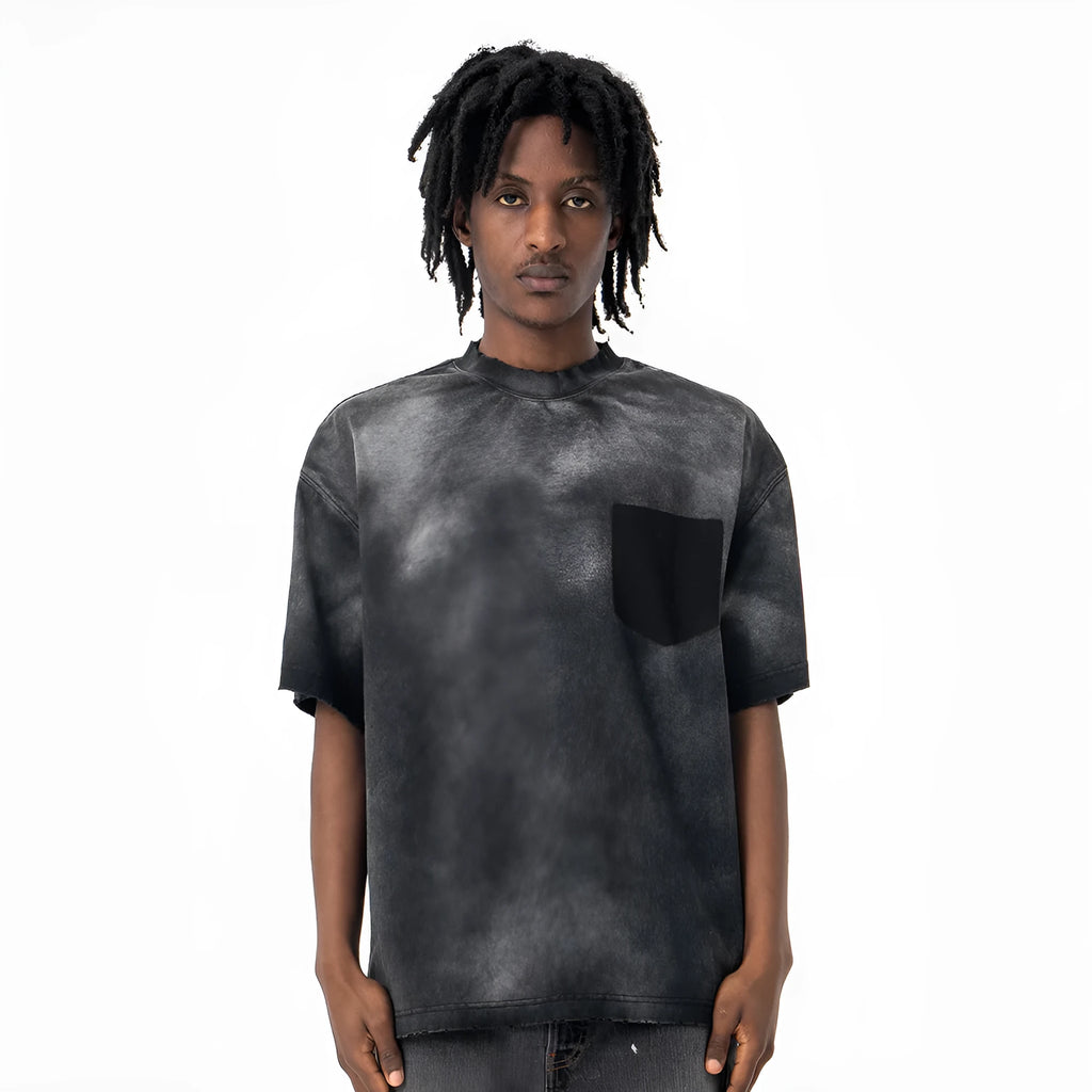 Men's black cotton t-shirt with printed letter design and drop-shoulder sleeves