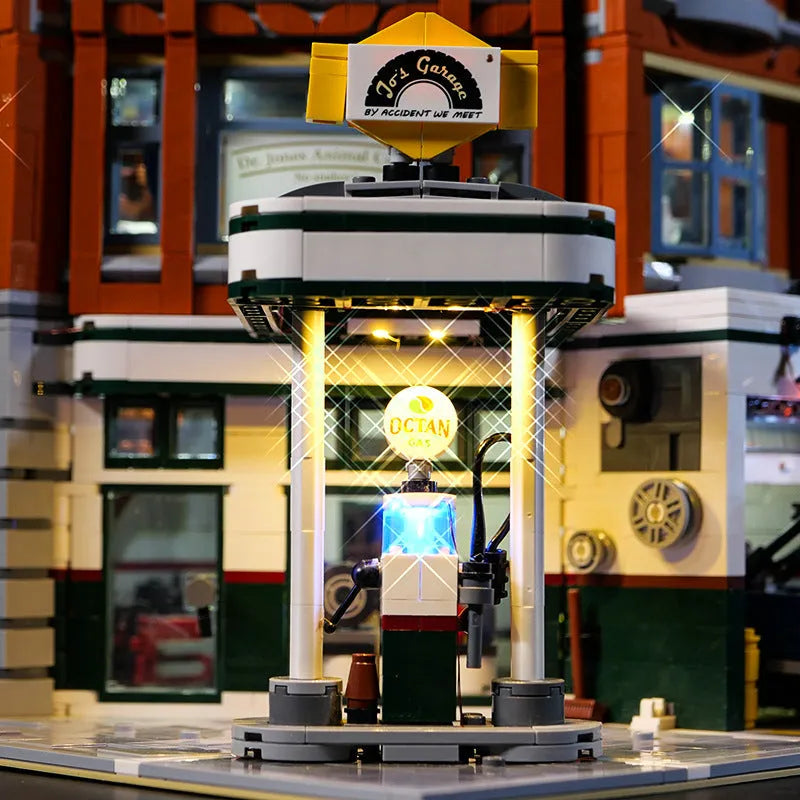 Plastic LED lighting accessories for MOC model building in corner repair shop configuration
