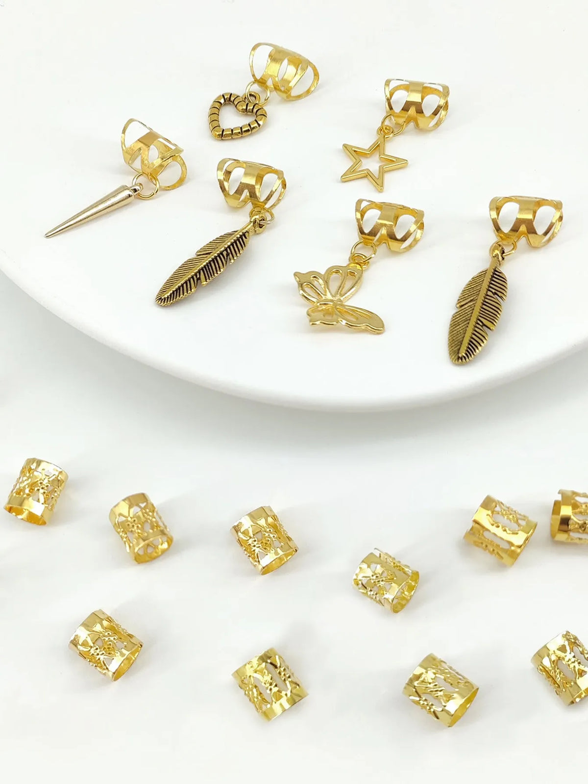 Antique style hair rings with leaves pattern and dirty braid design in gold or silver finish