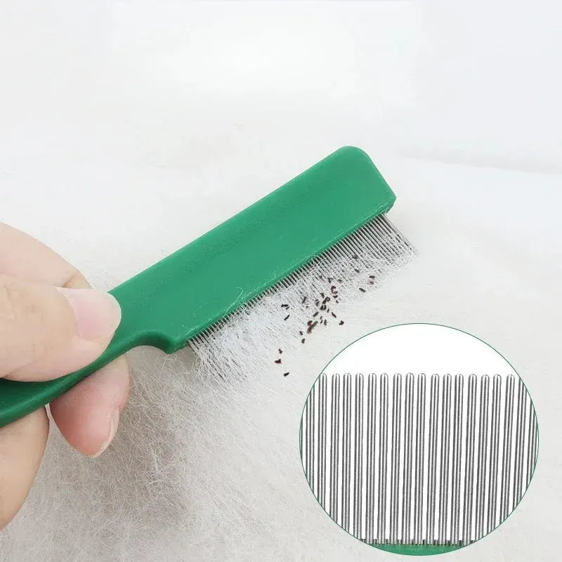 Green plastic handle flea comb with stainless steel pins for dogs and cats.