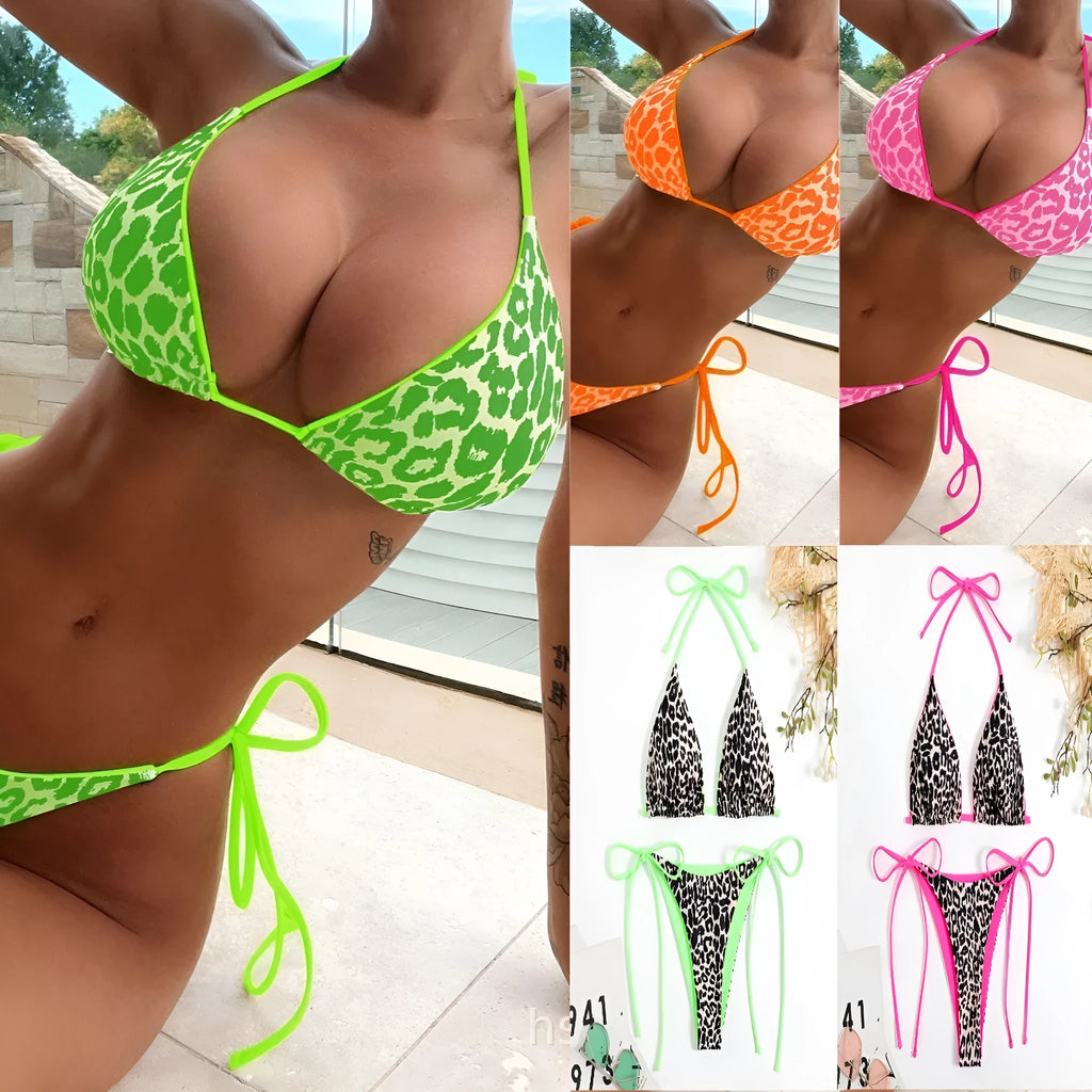 Women's lace-up front triangle bikini top with matching split skirt swim shorts.