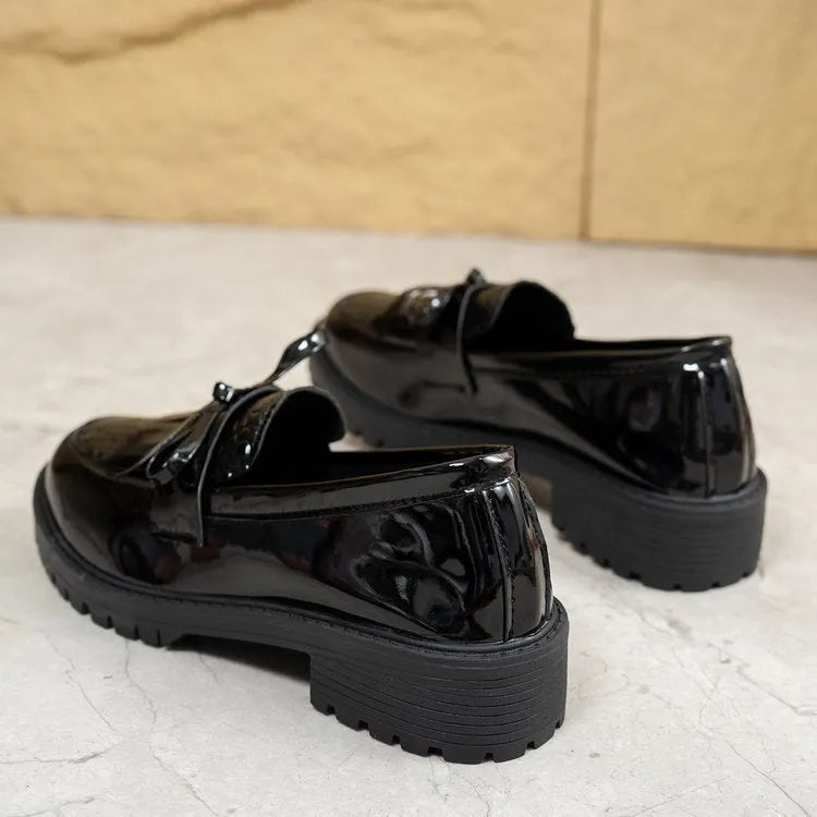 Women's brown and black bow loafers made of artificial PU leather in sizes 36 to 43