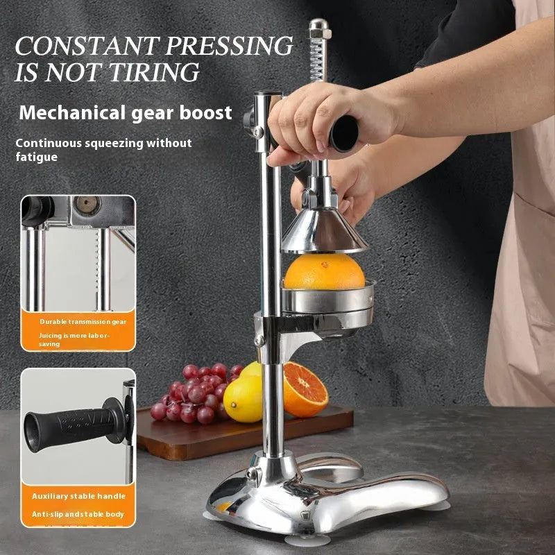 Vertical stainless steel manual kitchen juicer with multiple colour and tip configuration options