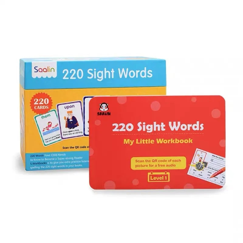 High-frequency word card gift box set with 220 laminated cards and five workbooks for early childhood education