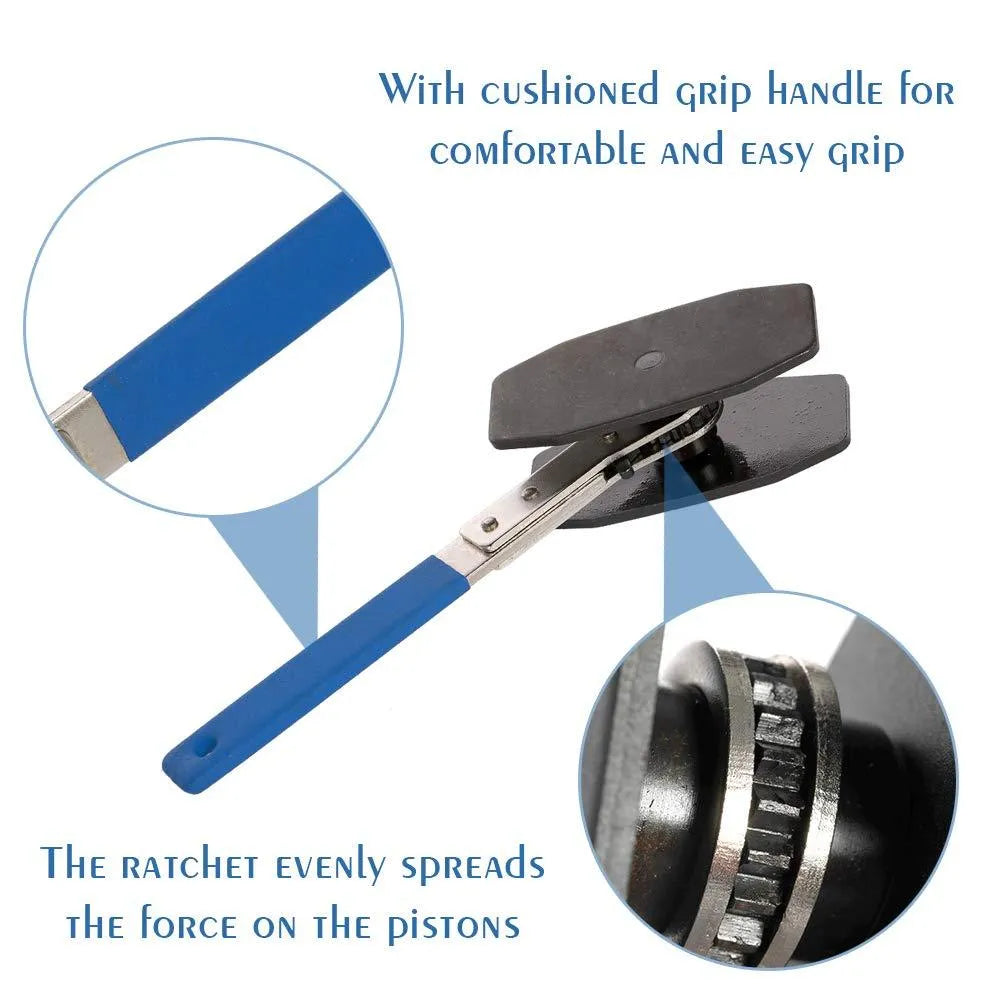 Brake caliper press tool with ratchet, stainless steel, 270mm length, black, for single twin quad pistons