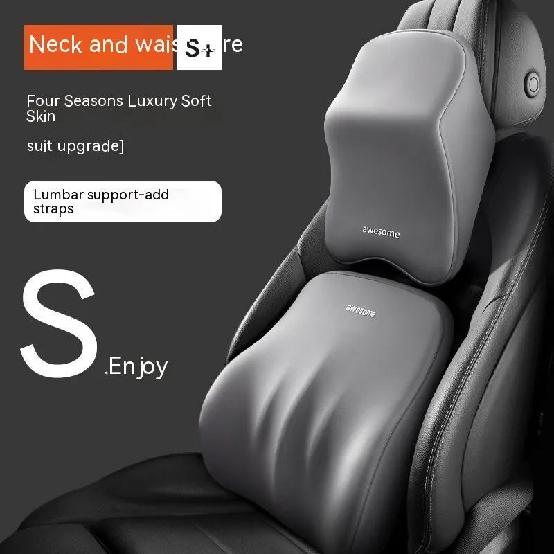 Car headrest pillow and lumbar support pillow set in memory foam, shown in sky blue colour.
