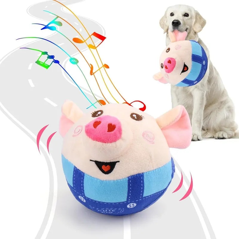 Plush pig dog toy with electric jumping ball, USB rechargeable, Blue and Red options