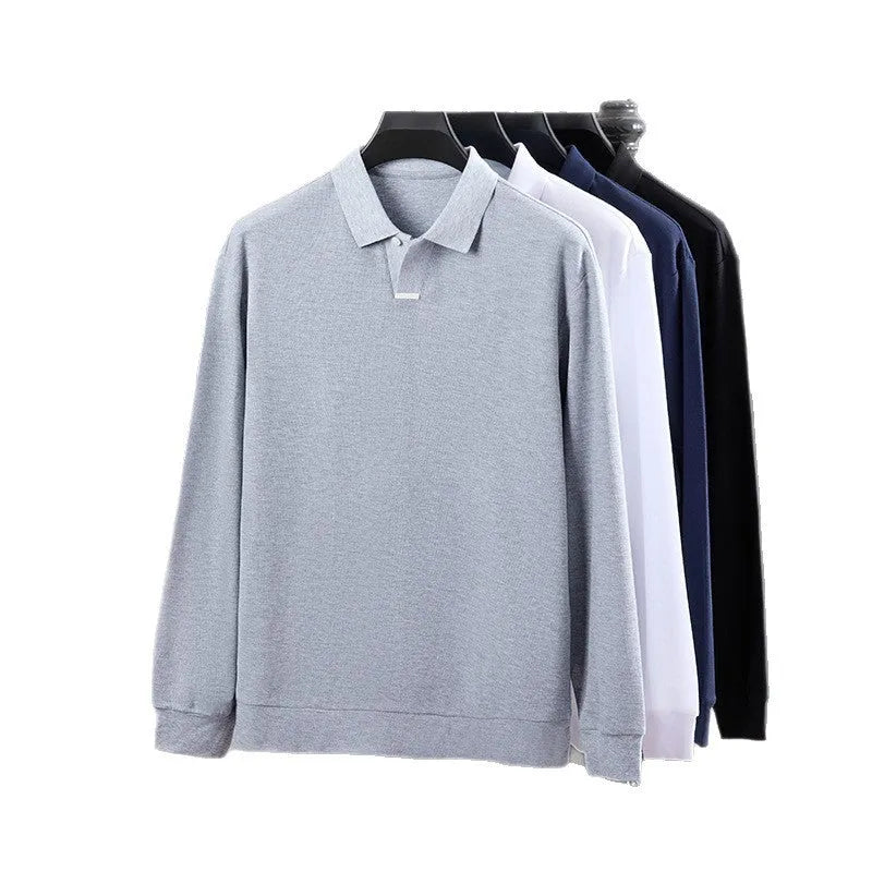 Men's cotton polo shirt in loose fit with lapel collar shown in available colours with size chart