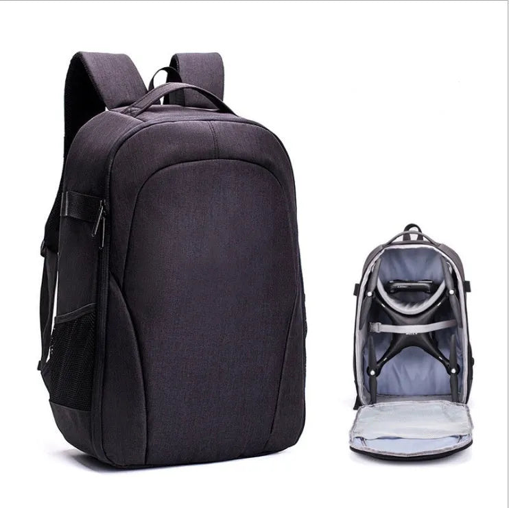 Black Oxford cloth drone backpack with internal organisers for camera and computer compartments
