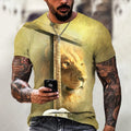 Man wearing a grey T-shirt with a raised 3D printed Jesus pattern on the chest.