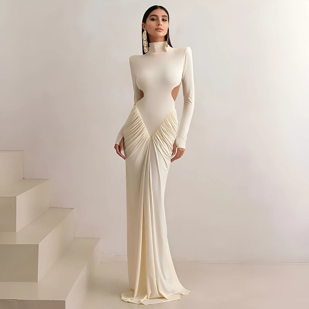 Women's slim fit backless dress with high collar, long sleeves and pleated detail in polyester fabric