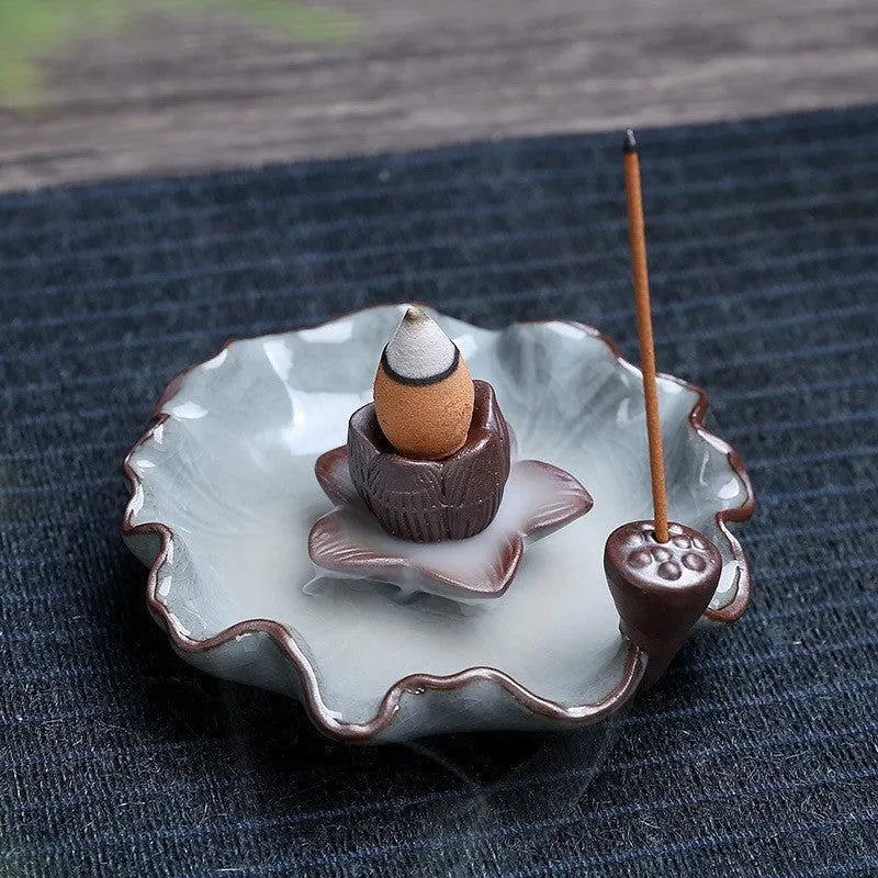 Ceramic reverse flow incense burner with purple clay finish and crystal glaze decorations