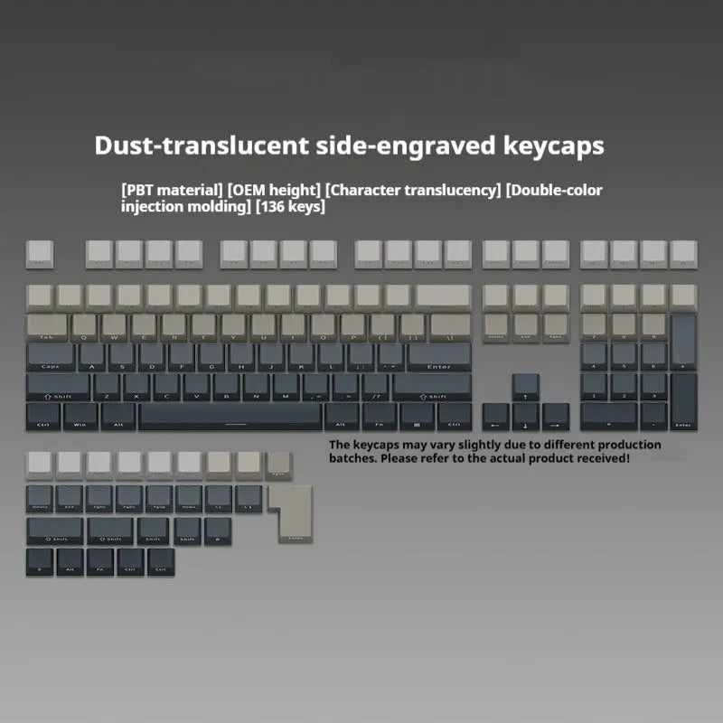 OEM height side-engraved 136-piece plastic key cap set for mechanical keyboards, 320x165x32mm, six colours