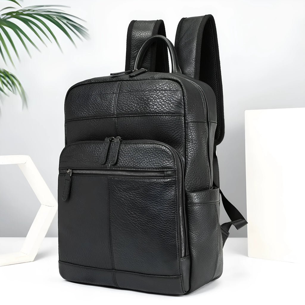 Black men's first layer cowhide backpack, 31 x 15 x 42cm, 20-35L, for business travel and leisure