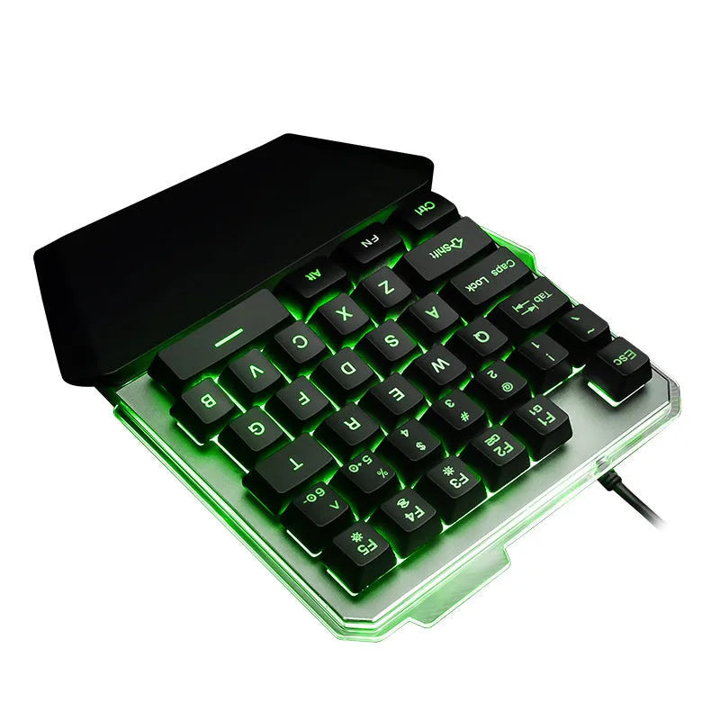 Black robotic one-handed gaming keyboard with RGB backlit keys and USB cable