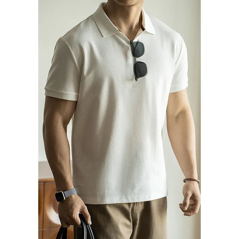 Blue short-sleeved casual polo shirt on a hanger showing the collar and button placket.