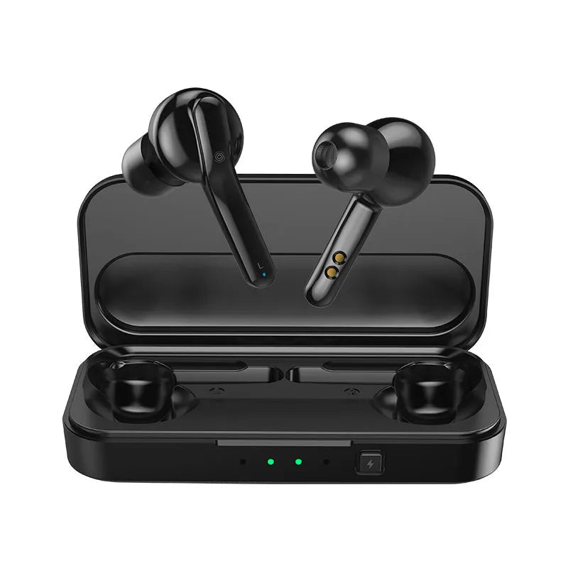 Black and white TWS wireless earbuds with Bluetooth 5.0 and IPX5 waterproof rating