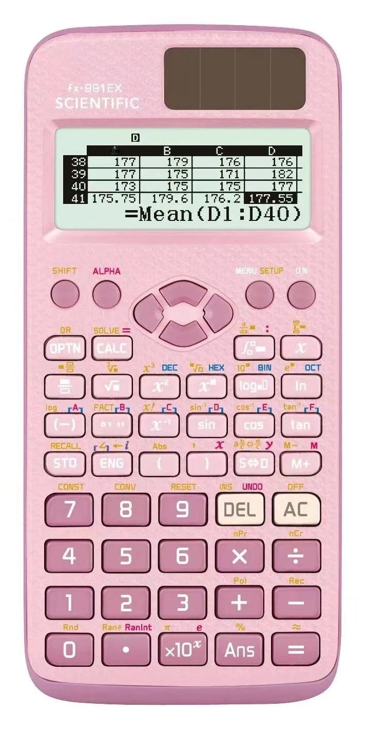 991EX scientific calculator in black, blue or pink with solar panel and ABS plastic construction
