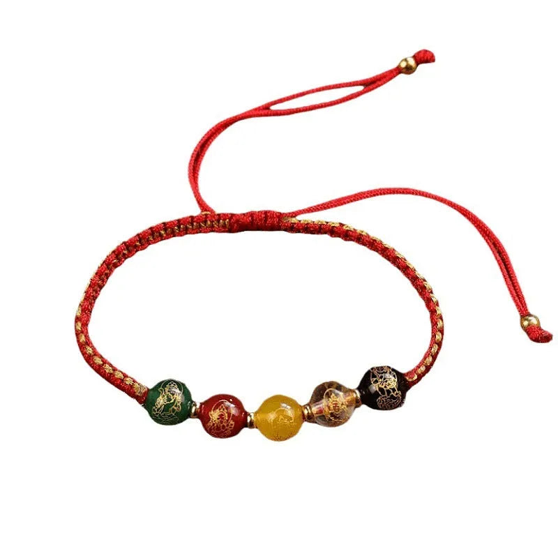 Red and black hand-woven rope bracelet with five geometric agate beads, Five Gods of Wealth design, national style.