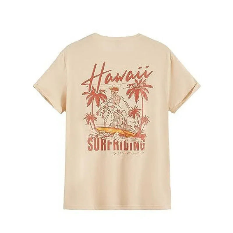 Short-sleeved men's printed street sports t-shirt on a hanger, showing digital print design.