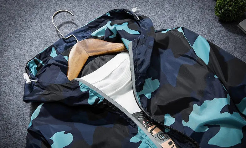 Men's camouflage hooded jacket with luminous zipper, available in multiple colours and sizes M to 5XL