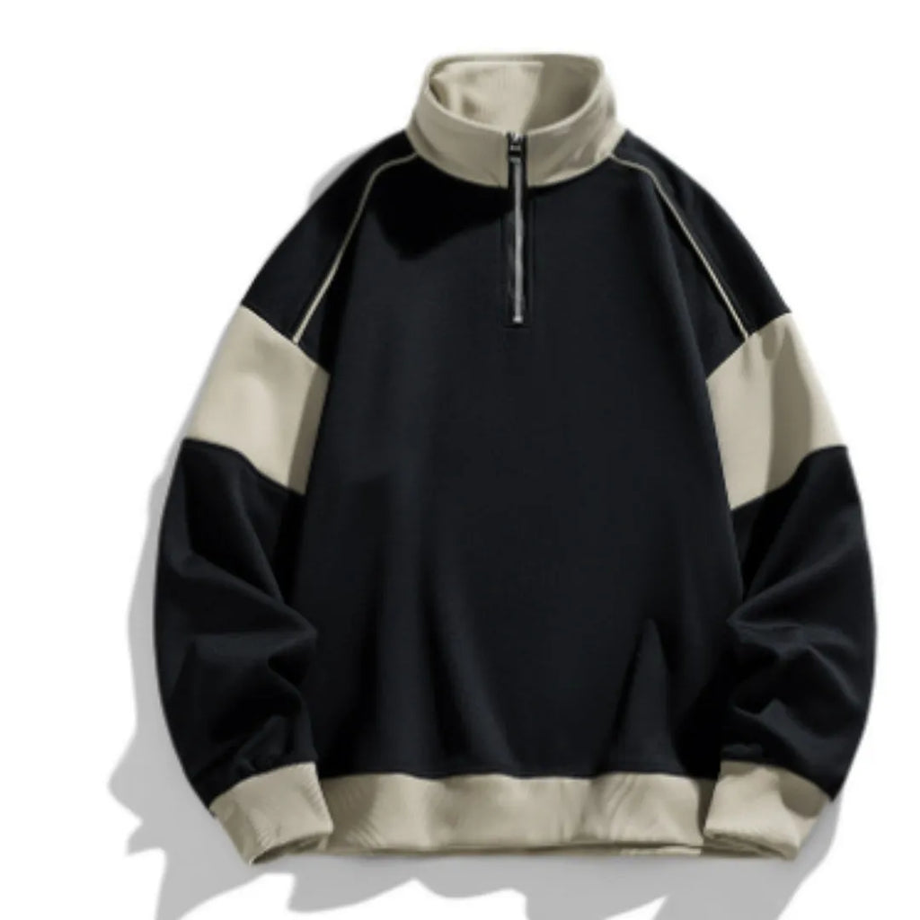 Men's beige corduroy hooded sweater with rabbit fur, drop shoulders, and loose lapels on a hanger.
