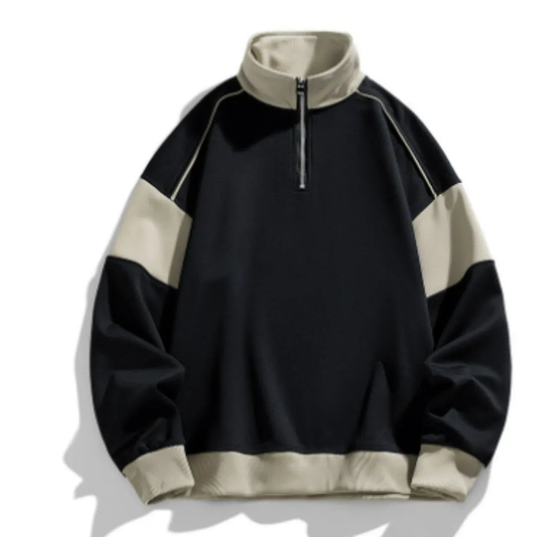 Men's beige corduroy hooded sweater with rabbit fur, drop shoulders, and loose lapels on a hanger.