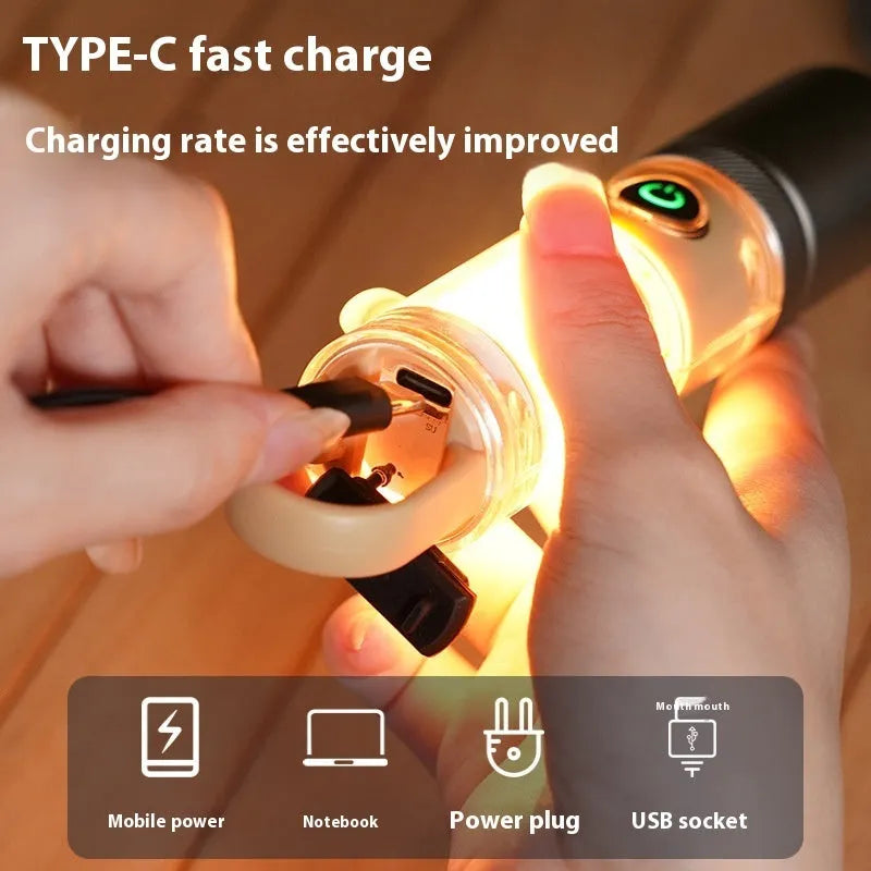 Orange and beige 10W rechargeable flashlight with hook, keychain, and USB cable.