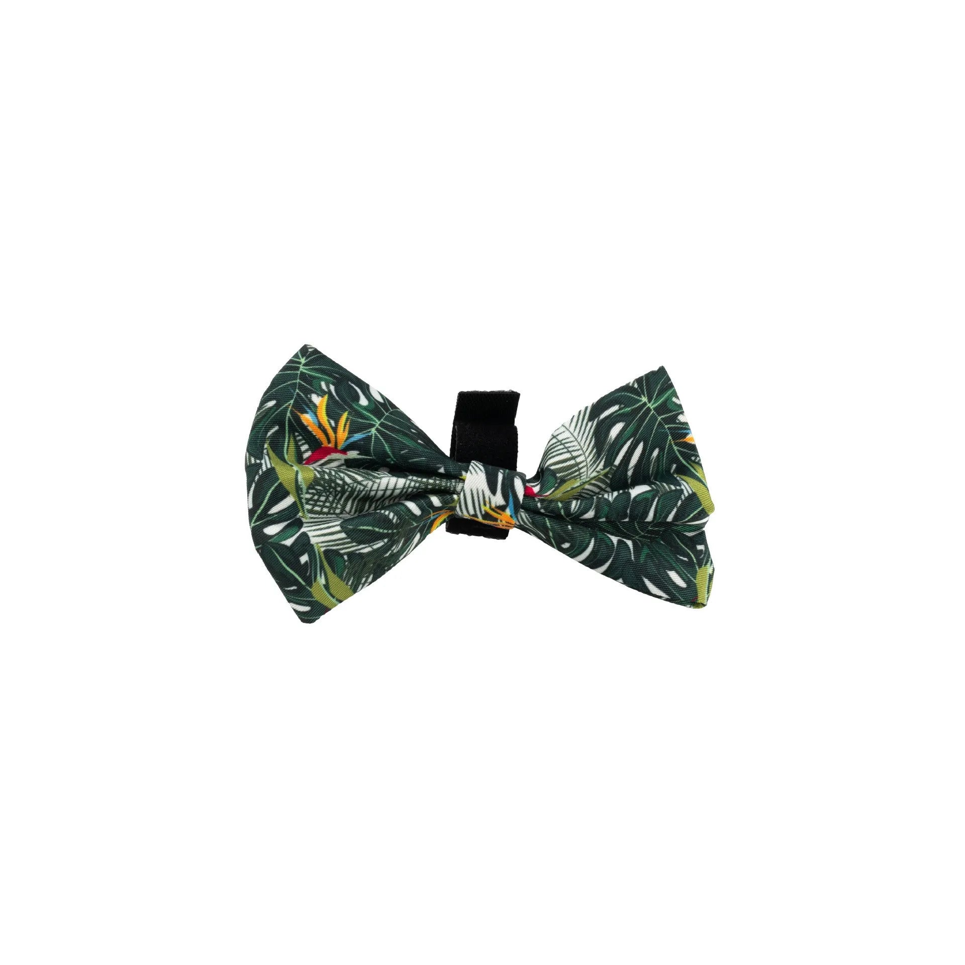 Six-piece adjustable dog harness set showing vest harness, lead, collar, poop bag holder, bow tie, and bandana in coordinating colours