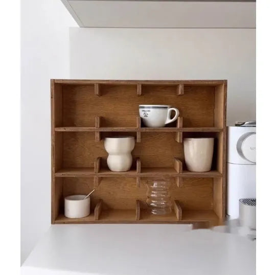 Square solid wood cup storage rack with multiple grids in birch meridian colour.