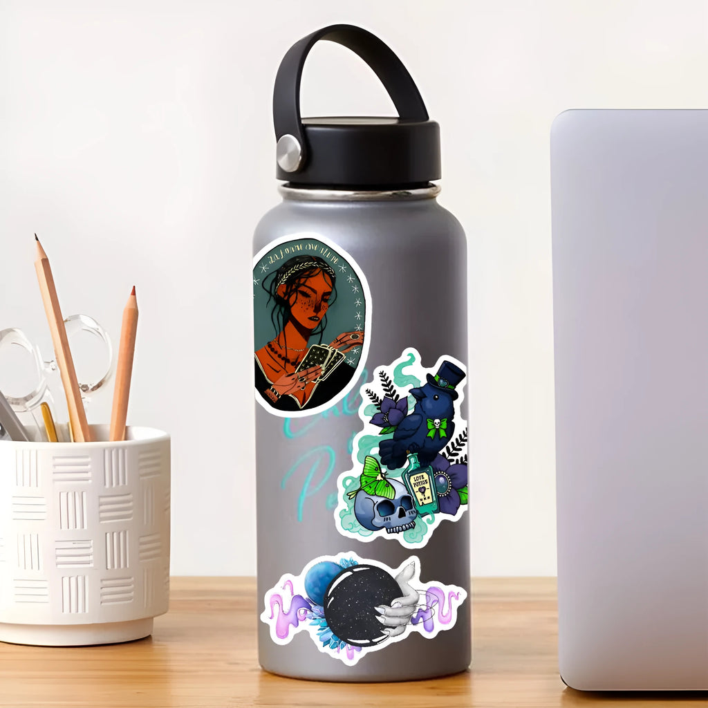 Pack of 50 colourful waterproof PVC stickers in various sizes from 3cm to 8cm on a white background.