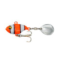 Metal fishing lure with rotating sequin in zebra stripe, black, purple, orange, green, and gold colour options.
