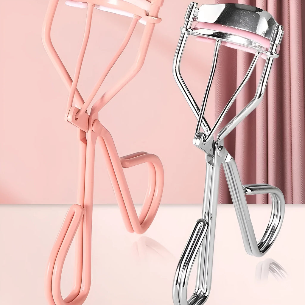 Eyelash curler with comb, 10.7cm wide angle manual beauty tool in pink or silver finish