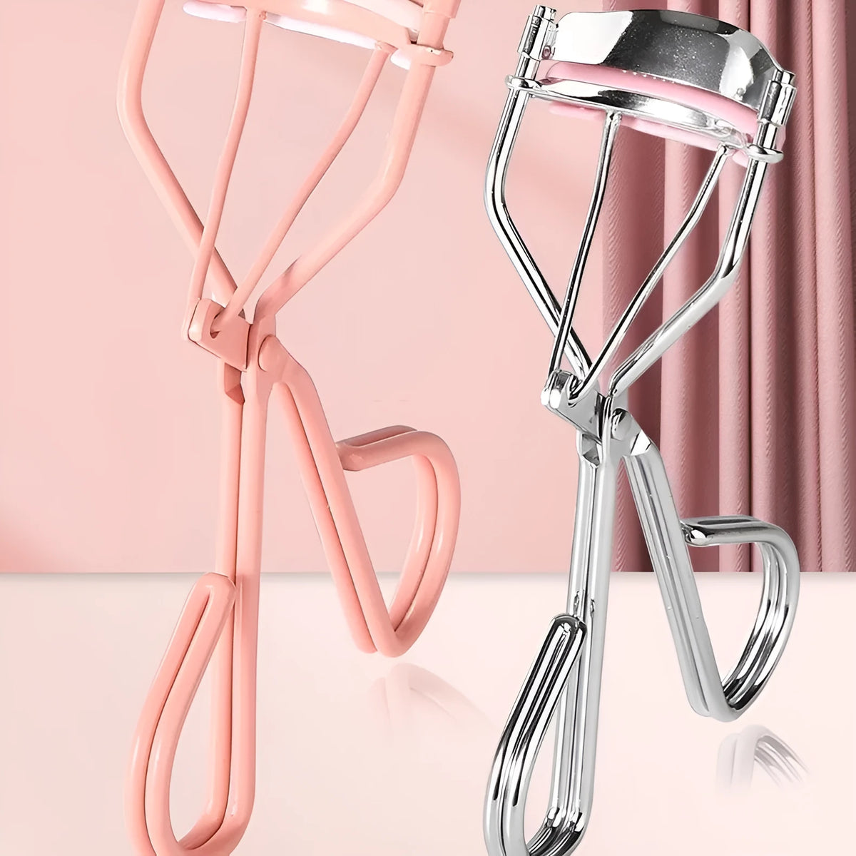 Eyelash curler with comb, 10.7cm wide angle manual beauty tool in pink or silver finish