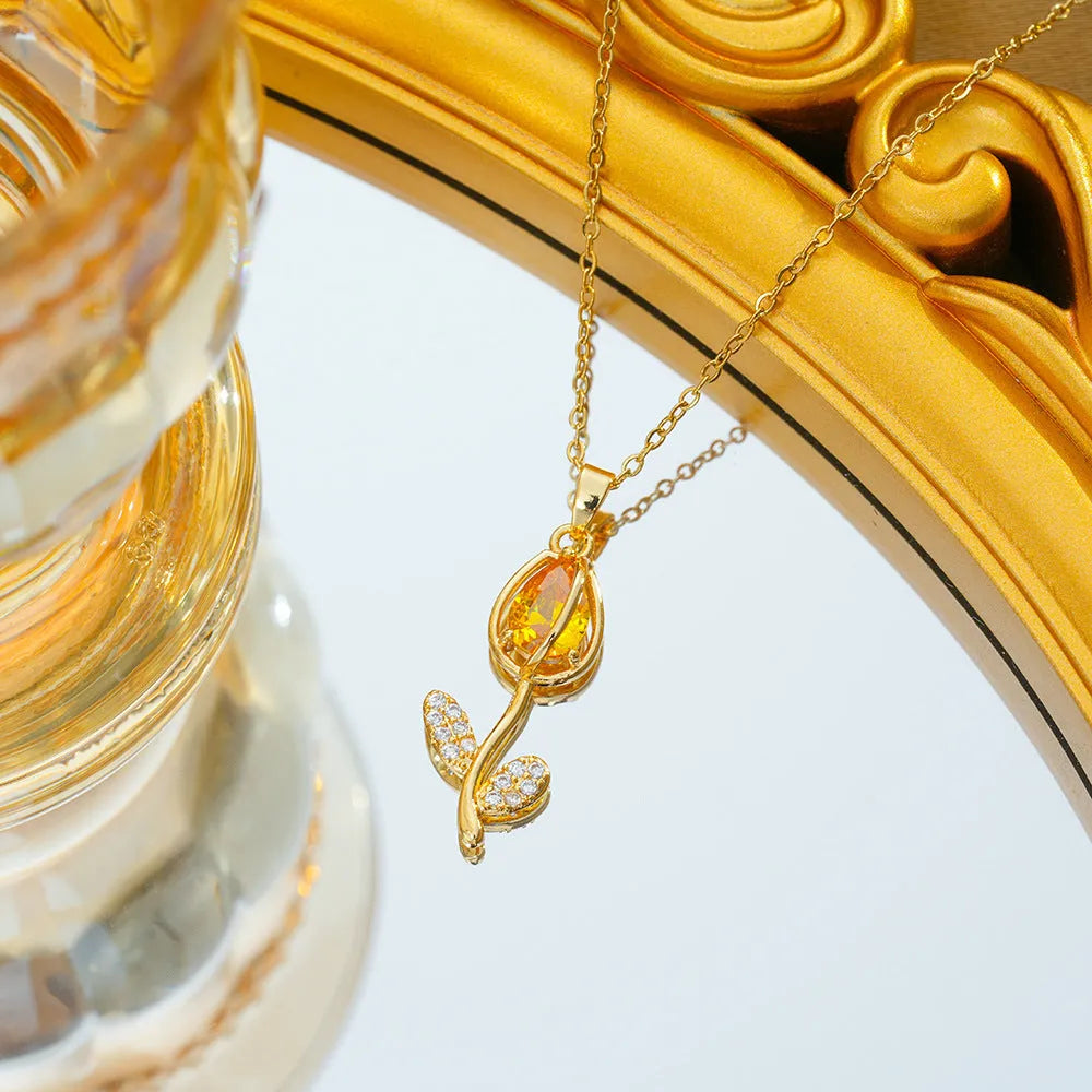 Zircon tulip necklace for women with gold flower pendant on adjustable titanium steel chain.