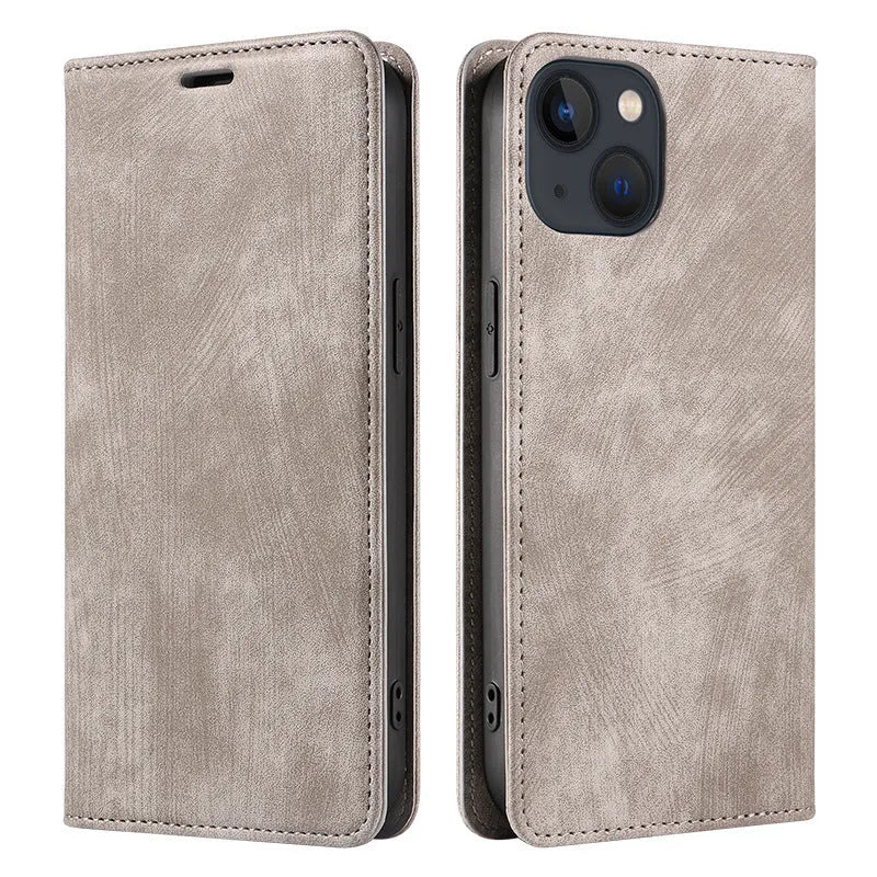 Magnetic flip phone case for iPhone in a choice of colours showing leather cover and TPU body.