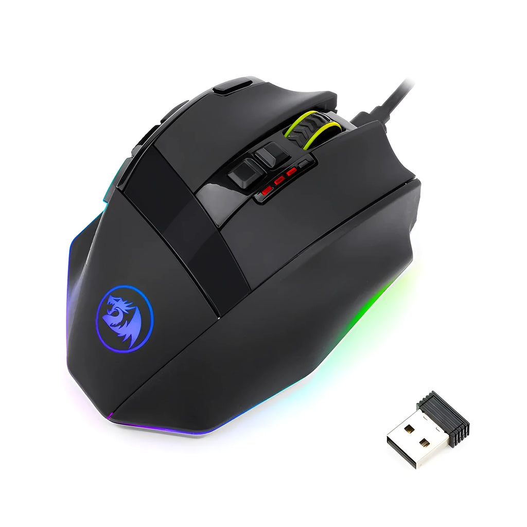 Redragon M801P black gaming mouse showing nine programmable buttons and dual-mode wireless/wired connectivity