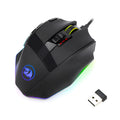 Redragon M801P black gaming mouse showing nine programmable buttons and dual-mode wireless/wired connectivity