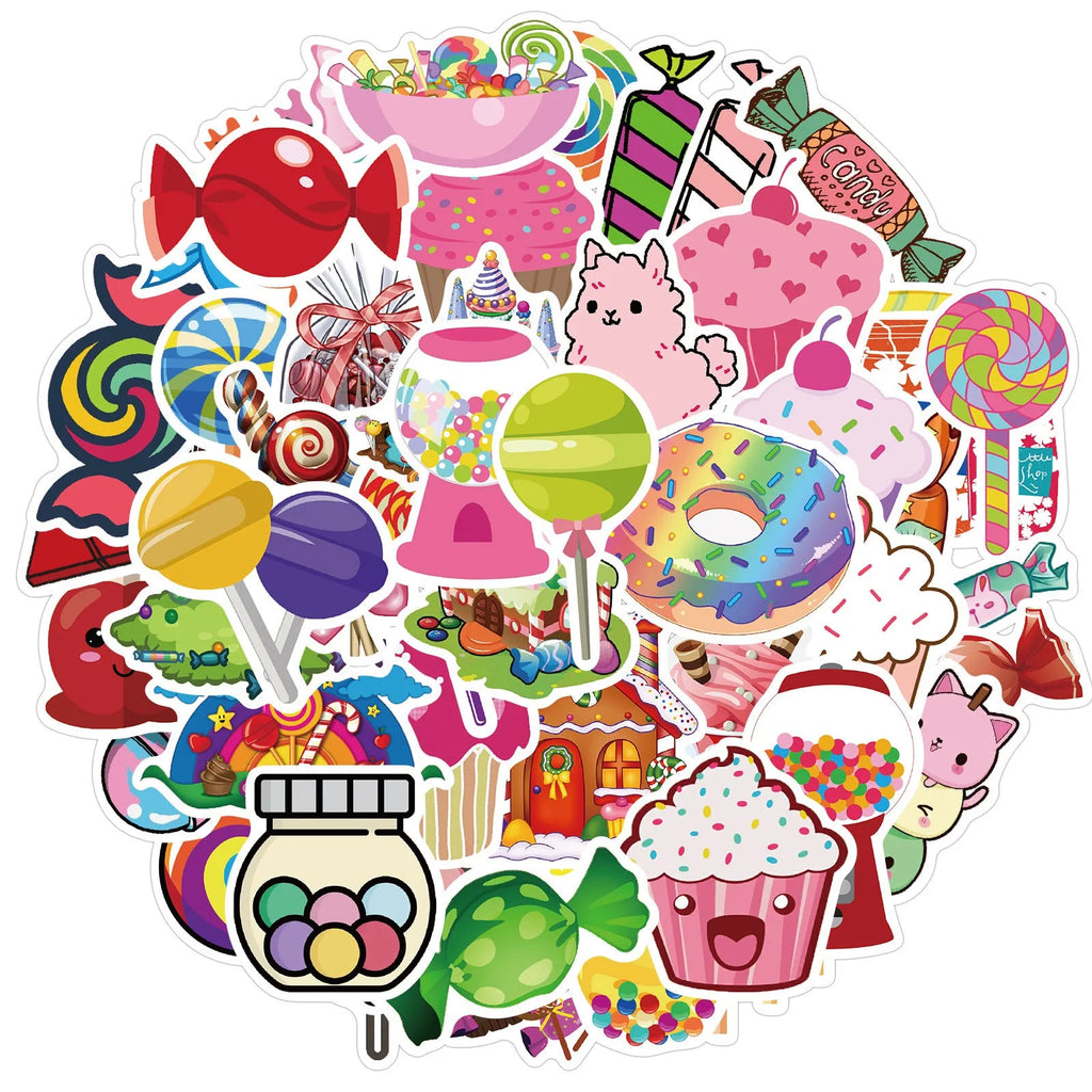 50 colourful candy graffiti stickers with cartoon patterns measuring 4-6cm