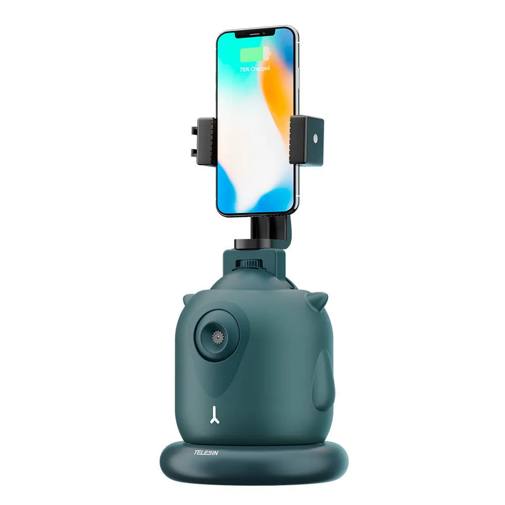 Dark green intelligent follow-up gimbal showing 360 rotation and phone mounting slot