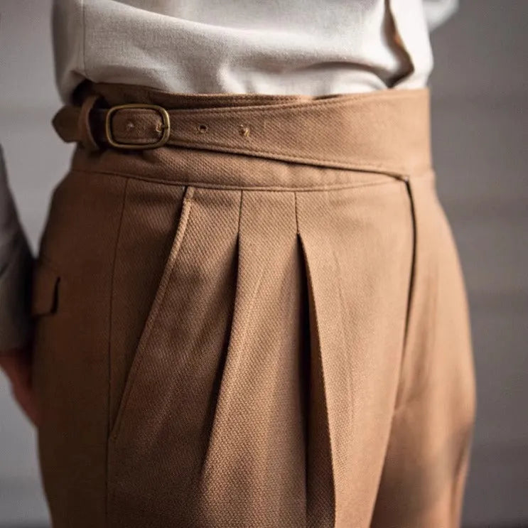 Men's high waist straight leg casual trousers in polyester fabric, shown in black colour.