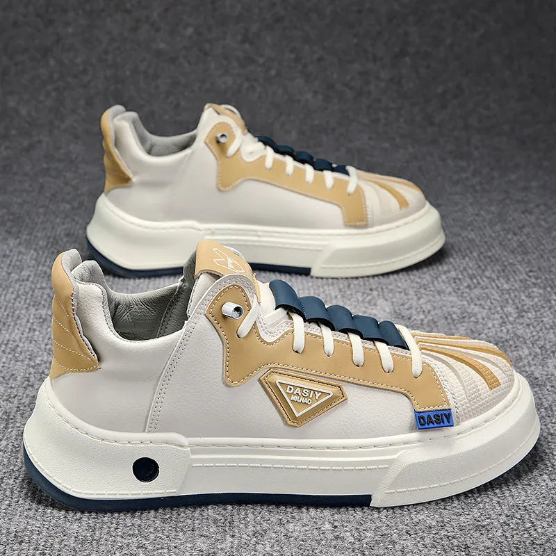 Men's beige low-top sneakers with elastic band fastening and leather stitching details
