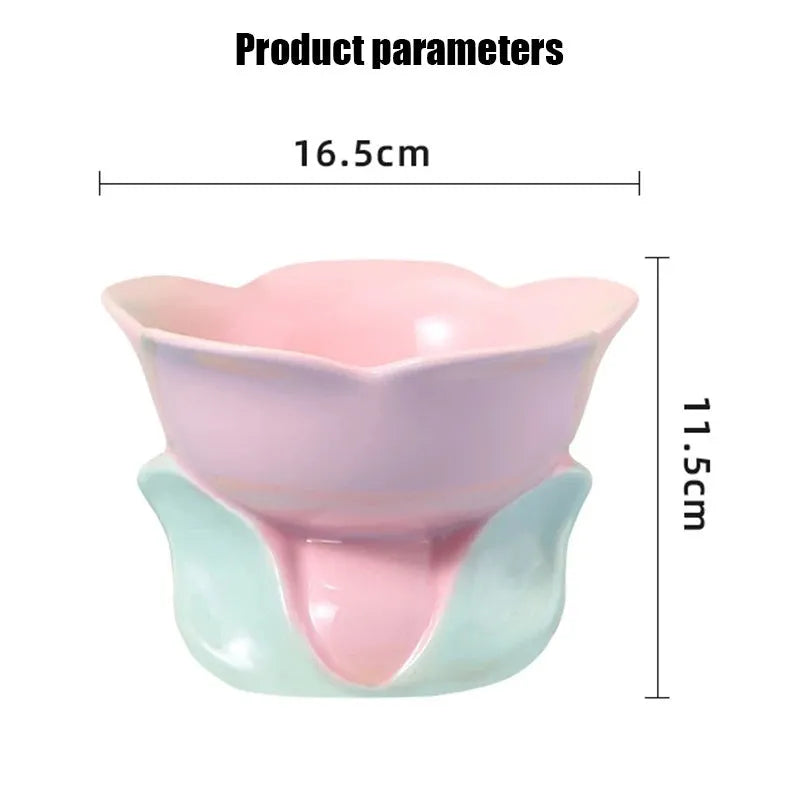 Blue ceramic pet bowl with floral pattern and elevated non-slip design for cats and small dogs