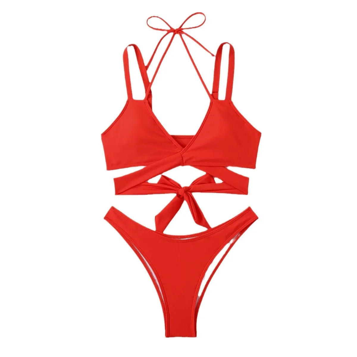 Solid colour strap bikini swimsuit in black red blue rose red or white